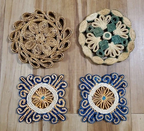 Woven Raffia Straw Trivets Hot Pads Square And Round Set Of 4 Colorful Kitchen - product listing photo