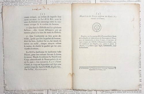 1790 proclamation LOUIS XVI bouton garde nationale gravure auxerre révolution - Afbeelding 2 van 4