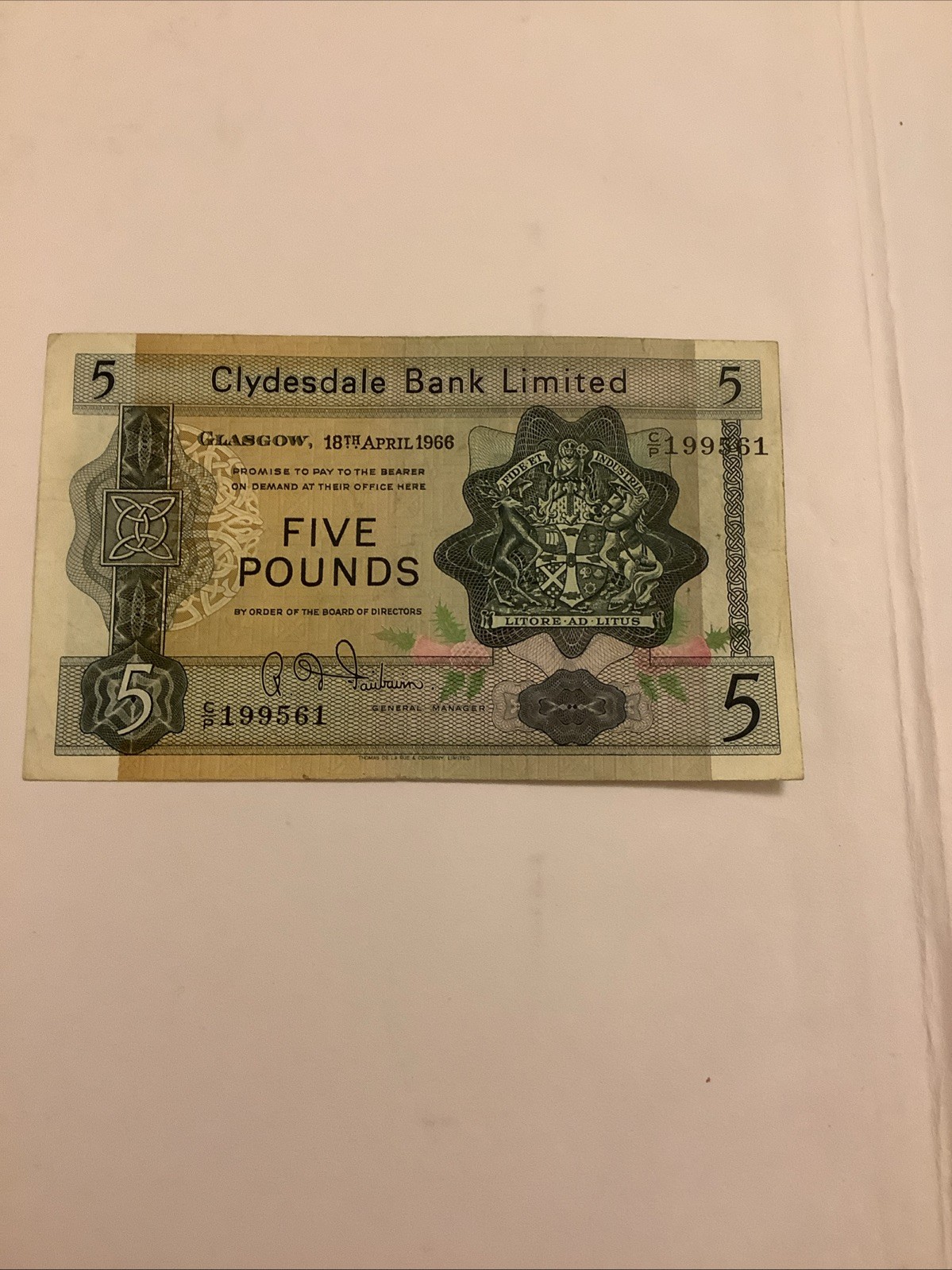 Clydesdale Bank LTD - £5 Note Glasgow 18th April 1966  