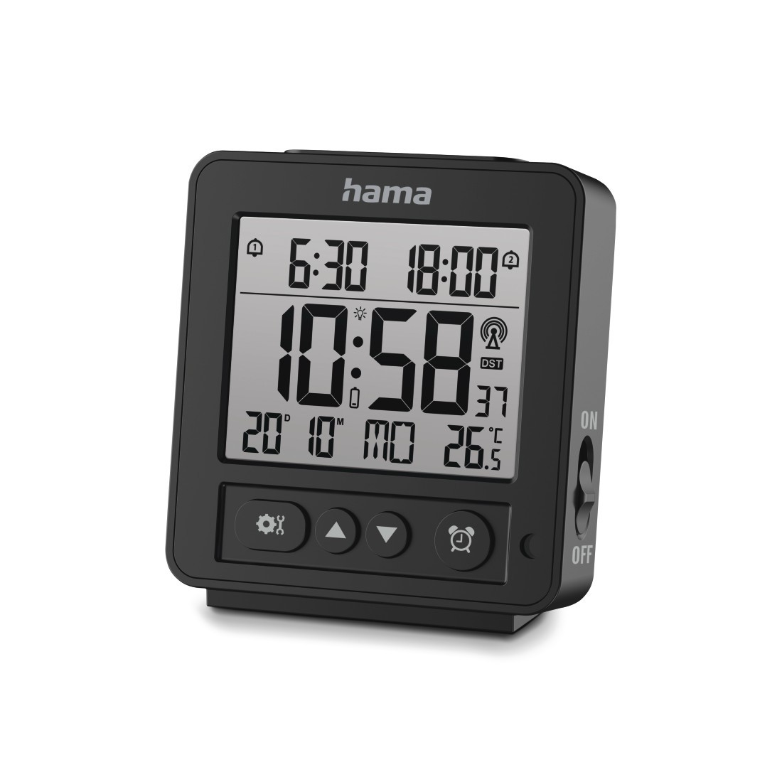 ""Rhodos"" Digital Radio Controlled Alarm Clock, LCD, Black