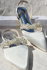 Ivory Satin  Pearl Slingback Bridal Shoes Medium Heel Pointed Toe 8.5/9