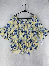 AB Studio Top Women's Smell Yelklow Tie Front Floral Scoop Neck Casual NEW