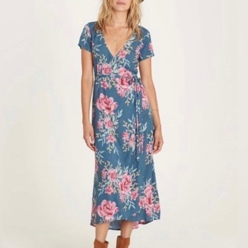 Billabong Wrap Me Up Blue Floral Print Wrap Dress Small Boho Tropical Beach