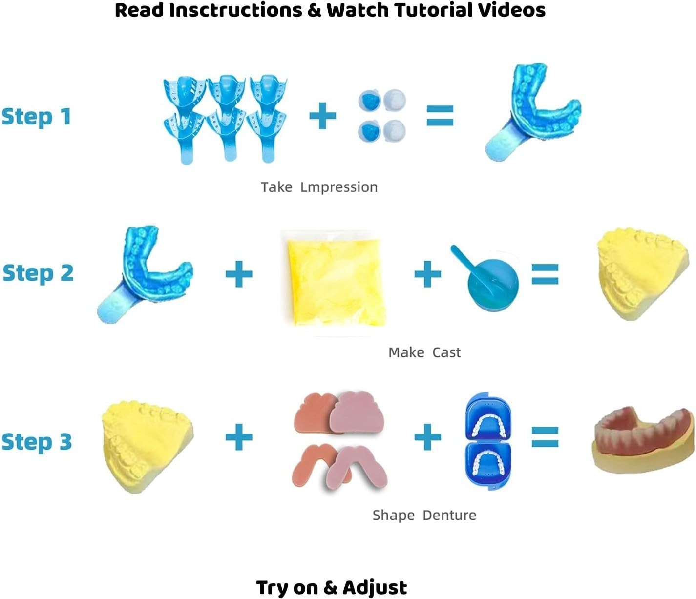 DIY Denture Kit Small - 56 Resin Teeth, Durable Gum, Trays, Stone Powder