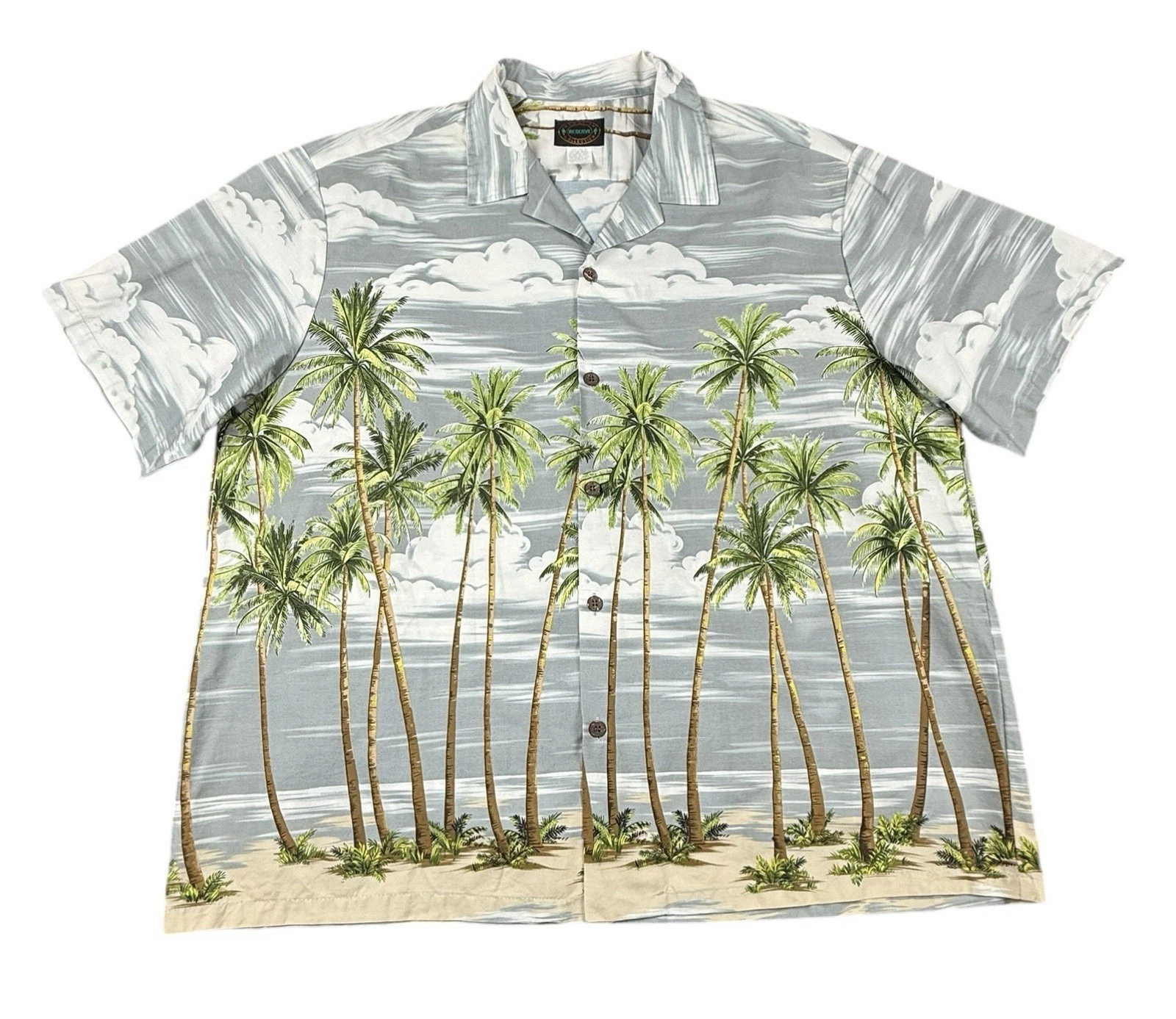 RESERVE Hawaiian Shirt Mens 3XL Gray Palm Tree Beach Print Button Front