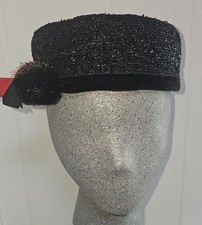 Vintage 1950's Ladies Black Hat With Beaded Sides, Velvet Trim Famous Barr