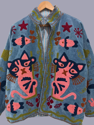 Cat Design Short Jacket, Suzani Velvet Jacket Outwear Women Wear Waist Coat Gray