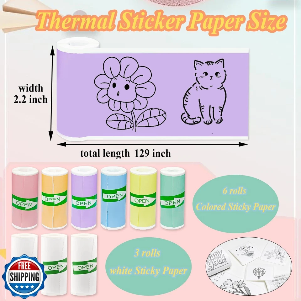 9 Rolls Self-Adhesive Mini Printer Paper - 6 Vibrant Colors and 3 White Compa - Image 2 of 4