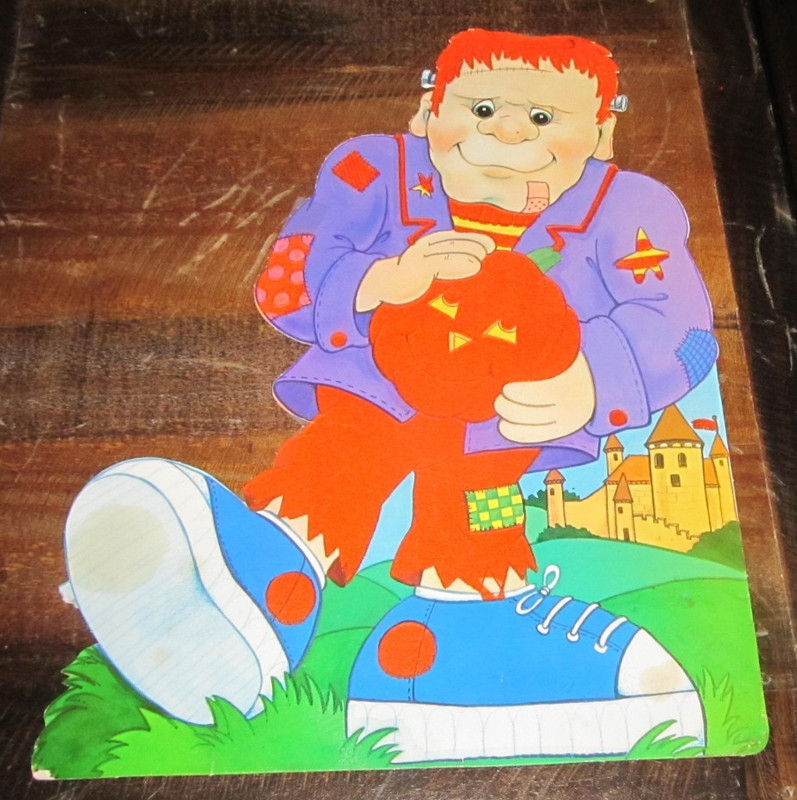 Vintage Cute Pumpkin Frankenstein Fuzzy Felt Flocked Halloween Die Cut