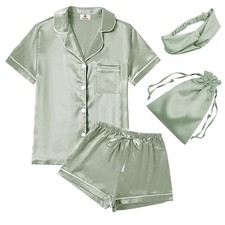 4Pcs Womens Satin Silky Pajama Sets Short Sleeve Shirt XS-4XL Floral Pajamas Set