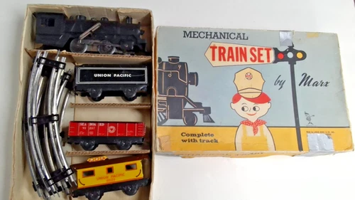 Vintage WORKING MARX Mechanical Tin Litho Train Set  w/ Original Box & Key (D51)