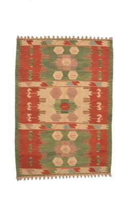 Green Red Turkish Kilim 4x5 Handmade Low Pile Bohemian Nomadic Carpet Area Rug