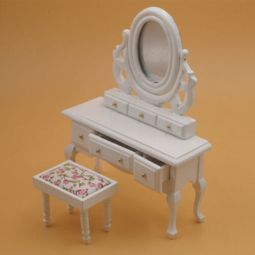 White Dressing Table W/ Mirrored Wooden 1:12 Scale Furniture Dollhouse Miniature - Picture 1 of 7