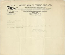 OLD VINTAGE MOUNT AIRY CLOTHING MFG. CO. NORTH CAROLINA 1935 LETTER LETTERHEAD