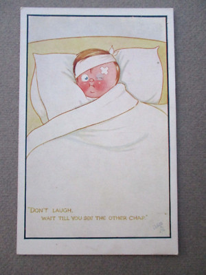 Comic Postkarte LACH NICHT Bandagierter Junge im Bett STECK OILETTE ALLES FÜR SIE 8639