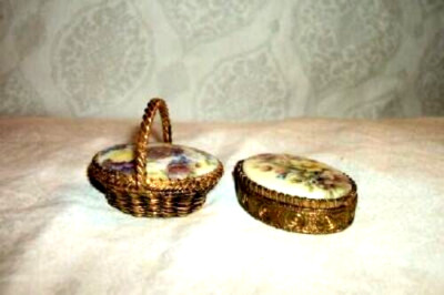 MAX FACTOR SOLID PERFUME COMPACT BASKET PR HYPNOTIQUE PORCELAIN FLOWERS VINTAGE