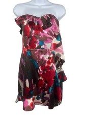 VTG Express 90s Y2K Strapless Ruffled A-line Size 4 Silk Multicolor Lined Dress