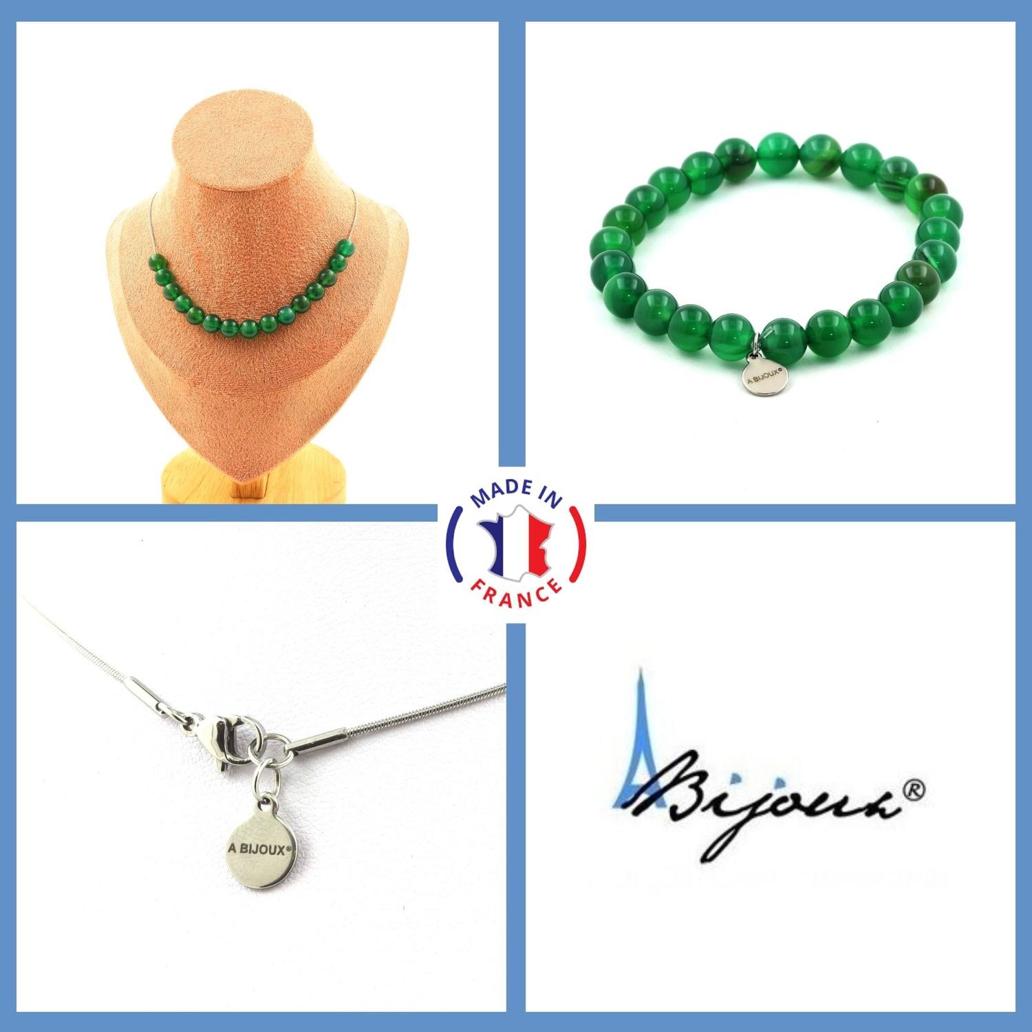 Bijoux Agate verte 8 mm : parure d'exception avec chaîne ajustable de haute finition