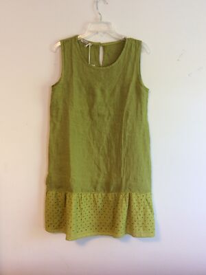 Women’s Francesca Bettini Avocado Eyelet Hem Drop Waist Linen Dress Sz M  Italy