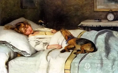 Art Oil painting george elgar hicks - in the land of nod girl with dog pet - Picture 1 of 1