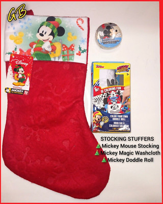 Set Of 3 Disney Mickey Mouse Christmas Stocking w/Magic Wash Cloth & Doddle Roll