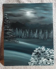 Original Winter Landscape Oil Painting Snowscape Moonlit Night Sky & Mountains 