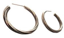 VTG 1.25" Hoop Earrings Silver Tone Twisted Retro Mid Century Pierced Post