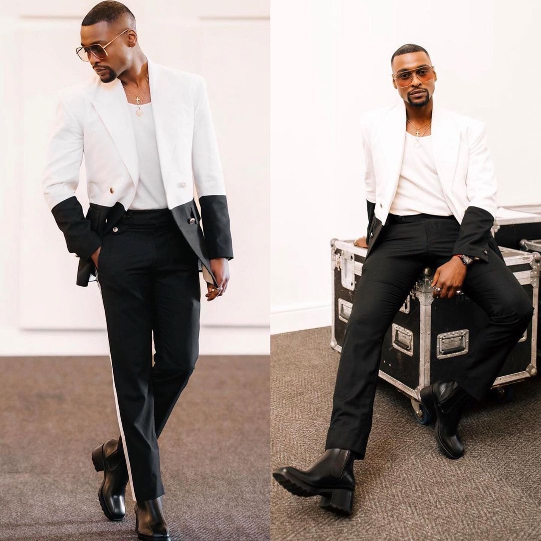 Vintage Double Breasted Men Suits Formal Tailored Black White Blazer Pants-image