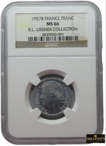 France 1 Franc 1957 B - NGC MS 66 - Top Pop 1/0 - Ex R.L.Lissner Collection - Afbeelding 1 van 6