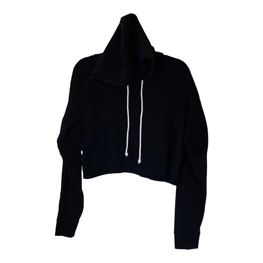 Wild Fable Solid Black Cropped Hoodie Sweatshirt White Strings