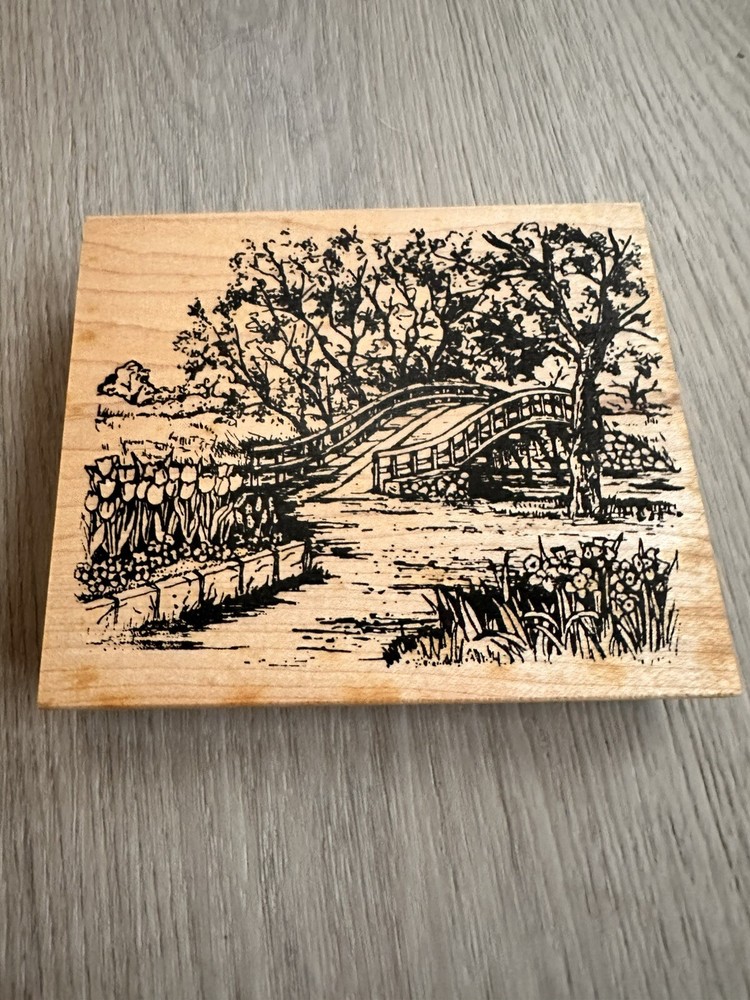 NEW Northwoods Rubber Stamp Tulips Bridge Garden Scene Large XL Wood Block 5 X 4