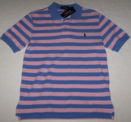 NWT Polo Ralph Lauren PINK/LIGHT BLUE STRIPE Mesh Shirt Boys L 14/16 NAVY PONY - Picture 2 of 3