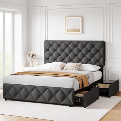 Queen Full Bed Frame ,Linen Upholstered Platform Bed Frame w/ 4 Storage Drawers