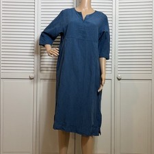 Poetry Blue Lagenlook Tencel & Linen Blue  3/4 Sleeves Shift Dress Size 12