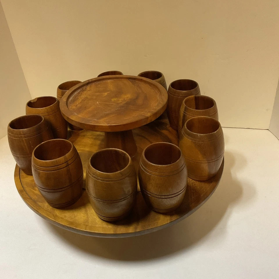 Vintage Monkey POD Wooden Barrel Drink Dispenser 11 Cups Lazy Susan - Image 2 of 4