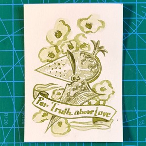 ACEO Original Watercolor Medieval Knight Helmet Banner Flowers 3.5x2.5"