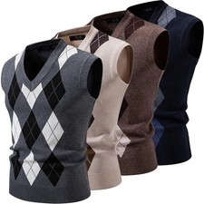 Men  s Argyle Knit Vest V-Neck Sleeveless Pullover Sweater Casual Streetwear
