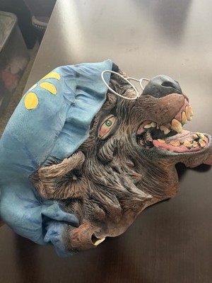 Full Face Latex Wolf Halloween Mask Blue Hood/Floral Bonnet & Round Glasses