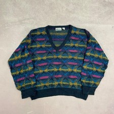 Vintage Knitted Jumper Abstract Patterned V-Neck Grandad Knit Sweater Men's L