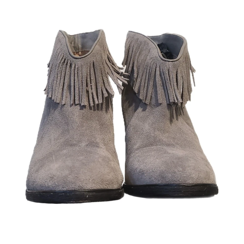 Joie "Loren" Grey Leather Suede 4" Heel Ankle Booties w/ Fringe, Size 10.5, VGUC - Image 4 of 4