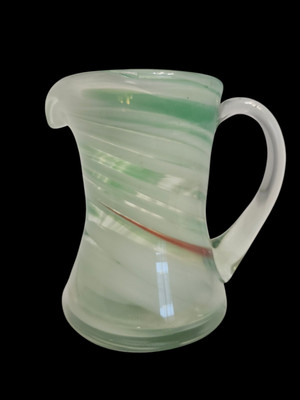 Vtg Hand Blown Art Glass Pitcher 8oz Green White Swirl Amber Stripe MCM Creamer