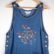 Vintage Casey Coleman Texas Map Embroidered Denim Jumper Dress Womens L