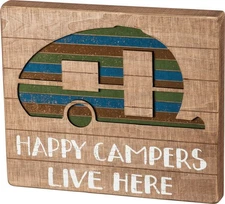 Rustic Happy Campers Live Here Wood Slat Box Sign