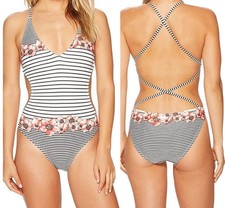 VINCE CAMUTO Women's Blossom Floral Stripes Plunge Cross-Back Swimsuit 10 White