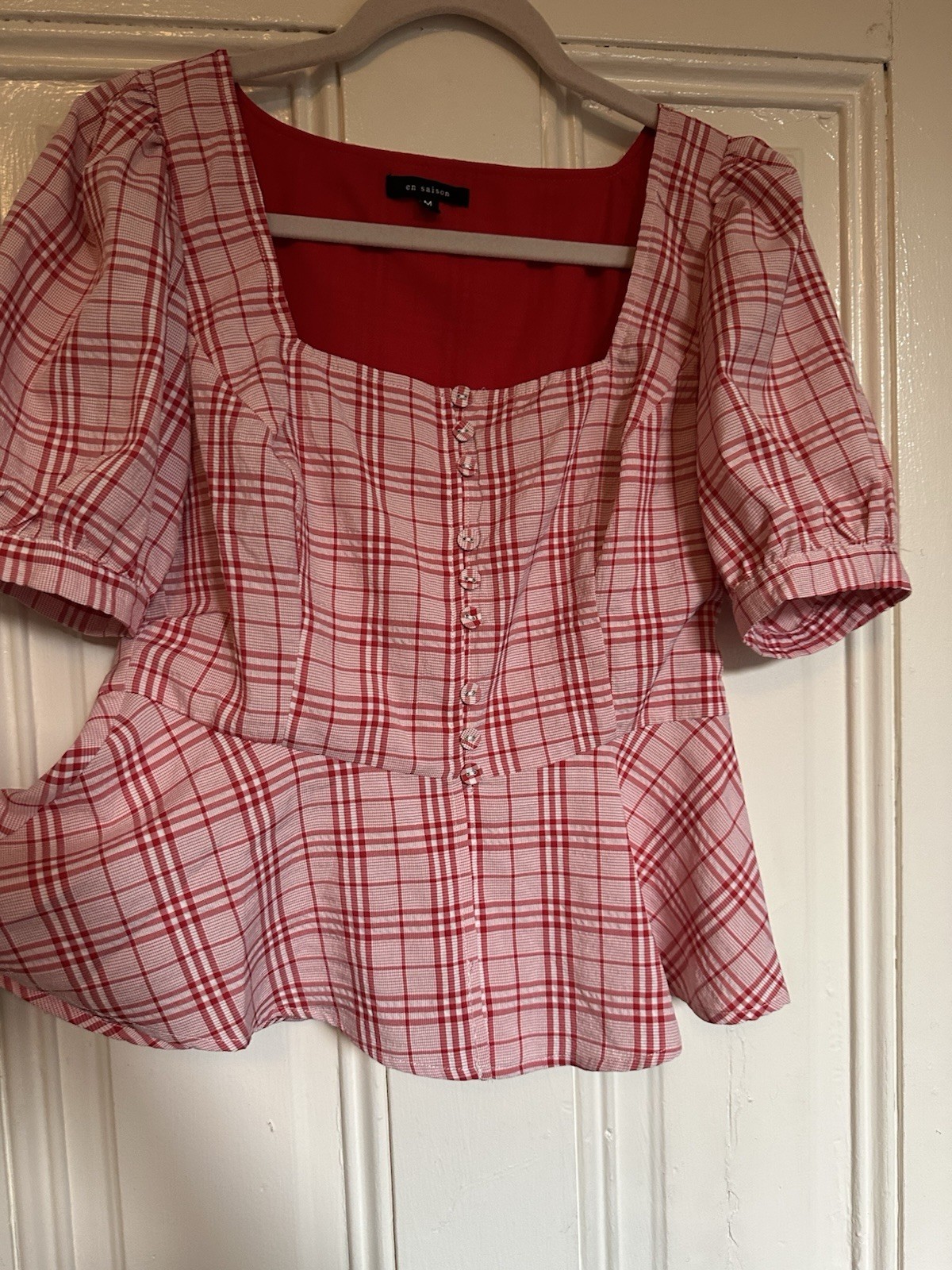 en saison Blouse Top Womens M Red Square Neck Puff Sleeve Babydoll Pinup Couture image 3