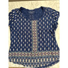Lucky Brand Womens Blue Geometric Diamond Print Boho Slub Knit T-Shirt Medium