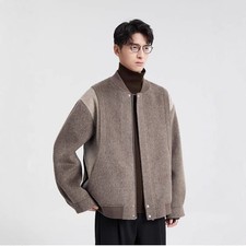 Men's 100% Sheep Wool Baseball Collar Short Wool Jacket Zipper Warm Wool Jackets