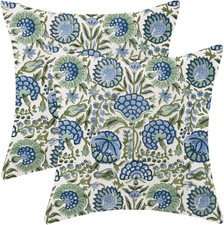 Vintage Blue Sage Green Floral Pillow Covers 18x18 Inch Set of 2 Boho Flowers Th