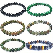 6 Pcs Natural Stone Beaded Elastic Bracelet Minimalist Healing Gemstone Jewelry