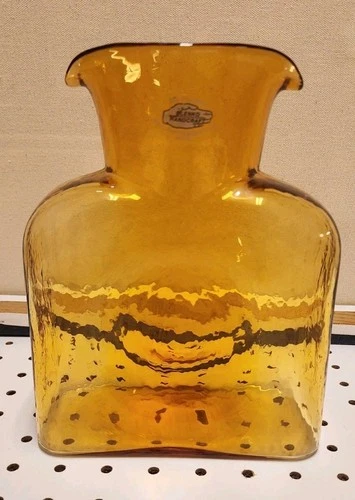 8" BLENKO Double Spout Glass Water Bottle Carafe Amber Golden Wheat VTG Sticker